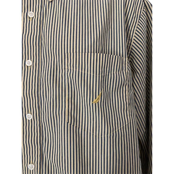 Nautica Men's Top Button Up Long Sleeve Shirt Yellow Blue Striped Pocket XL - Picture 3 of 11
